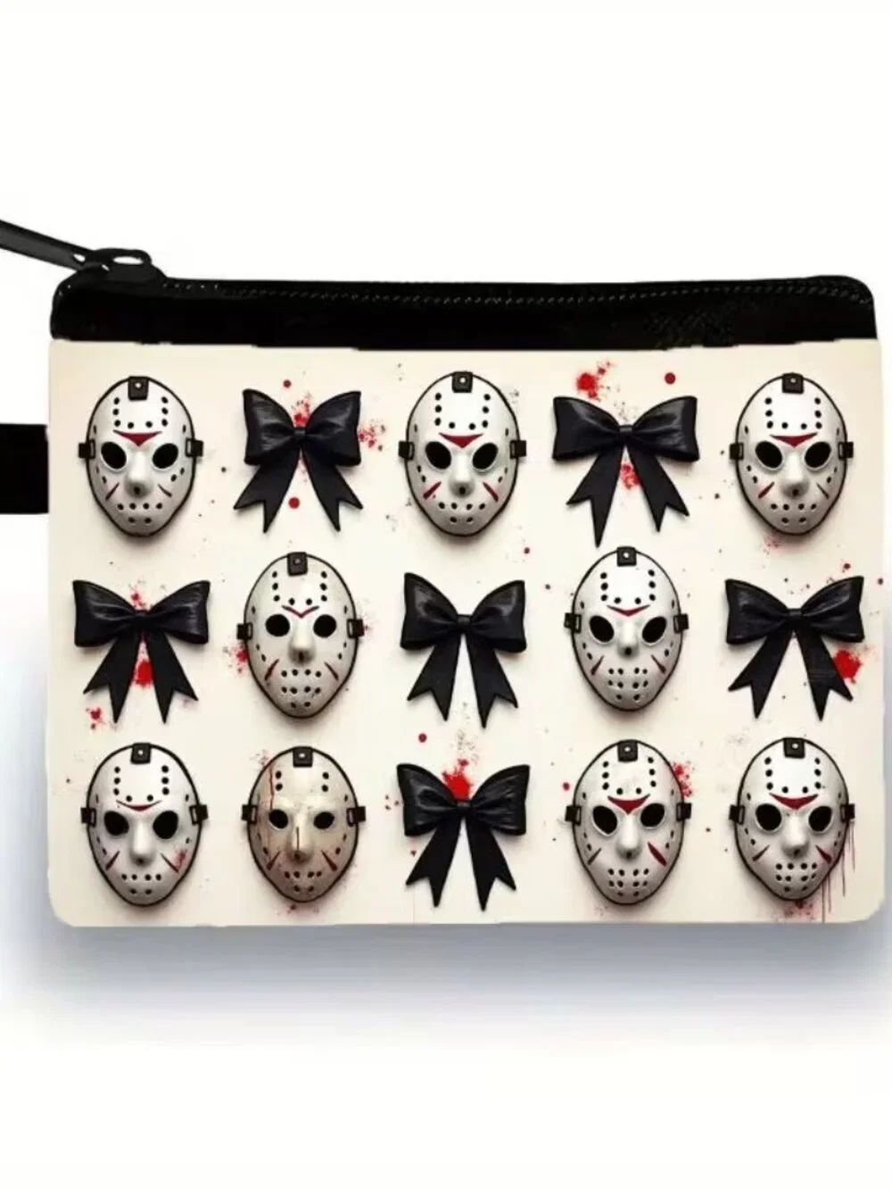 Halloween Dark Goth Jason Mask & Black Bows Makeup Bag Double-Sided 4h" x 5.6"w